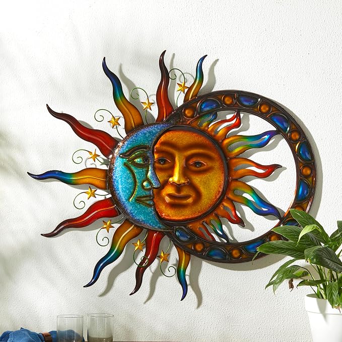 Glitzhome Sun and Moon Wall Decor, 33.5 Inch Celestial Metal Wall Art with Glossy Color Finish and Antique Details, Outdoor Sun and Moon Decor for Garden Porch Patio Home
