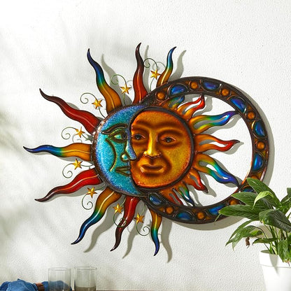 Glitzhome Sun and Moon Wall Decor, 33.5 Inch Celestial Metal Wall Art with Glossy Color Finish and Antique Details, Outdoor Sun and Moon Decor for Garden Porch Patio Home
