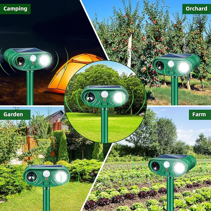 4PACK Solar Animal Repeller Outdoor for Deer Cat Rabbits Raccoons Fox,Ultrasonic Squirrel Deterrent with Motion Sensor and Flashing LED, Waterproof Animal Repellent Garden Yard Farm