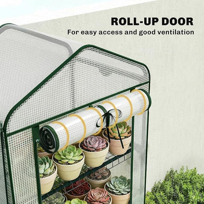 Outsunny 5 Tier Mini Greenhouse with Screen Roof, 27.6" x 19.7" x 75.6", Portable Small Greenhouse with High Strength PE Cover, Roll-Up Zipper Door for Garden Yard Backyard, White