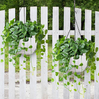 YIKUSH 12 Inch Hanging Planters for Outdoor Plants, 2 Pack Plastic Hanging Flower Pots with Drainage Hole & Tray, Hanging Basket Style Pots for Porch Patio Balcony Decor (White)