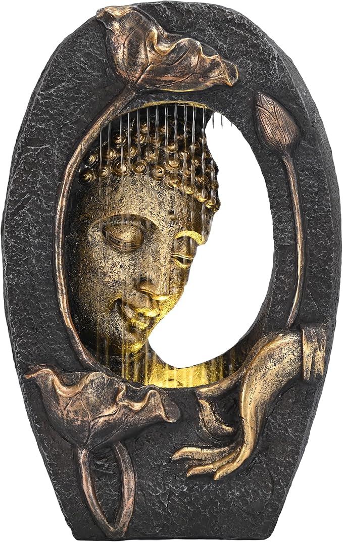 TERESA'S COLLECTIONS Water Fountain Indoor with LED Light and Pump for Garden Decor,Floor Buddha Statue Resin with Waterfalls,Tall Zen Garden Statues for Yard Decor Housewarming Gifts for Mom 13"