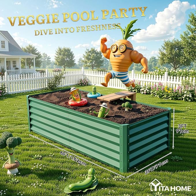 YITAHOME 6x3x3ft Large Raised Garden Bed Kit, Galvanized Metal Planter Box with Gloves, Support Rod, Outdoor Above Ground Planters for Plants Vegetables Flowers, Green