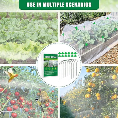 10 X 33 FT Garden Mesh Netting Kit Pest Barrier for Raised Beds, Fruit Tree Netting with 6 Sets Garden Hoops & 12 Clips for Cicadas Bird Insect, Blueberry Bush Netting Cover for Garden Protection