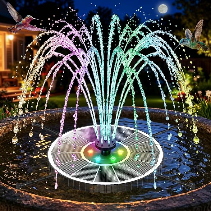 Solar Fountain with 3 Spray Height, Colorful Led Lights, 3.5W Glass Solar Bird Bath Water Fountain with 2000mAh Battery, 4 Rotating Rods and 7 Nozzles for Hummingbird Bathing, Outdoor Décor