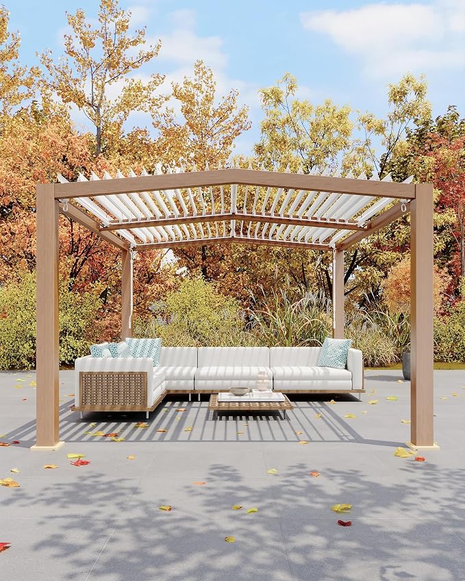 GarveeLife Louvered Pergola 11 ft x 13 ft, Outdoor Pergola with Adjustable Louvered Roof, Reinforced Aluminum Frame, Integrated Drainage System, Hardtop Gazebo for Patio, Deck, Wood Grain