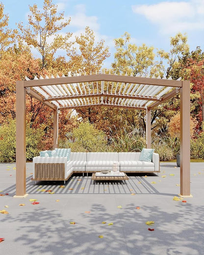 GarveeLife Louvered Pergola 11 ft x 13 ft, Outdoor Pergola with Adjustable Louvered Roof, Reinforced Aluminum Frame, Integrated Drainage System, Hardtop Gazebo for Patio, Deck, Wood Grain