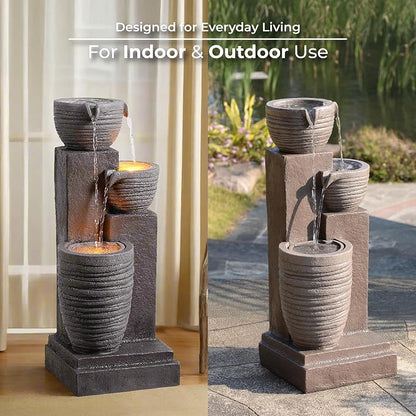 Teamson Home Horizontal Ribbed Pattern Outdoor Water Fountain, Warm Gray | Warm Glow Lighting, Adjustable Flow, Electric Pump