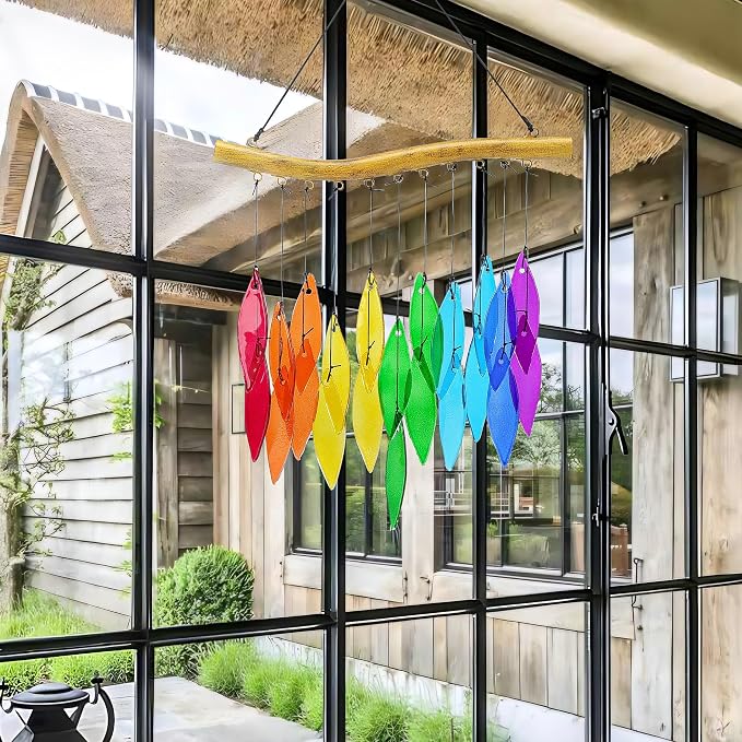 Solar Wind Chimes Outdoor with Glass and Copper (Glass Leaf 1) | Solar Powered, Garden Decor, Patio Decor, Glass and Copper, Outdoor Use