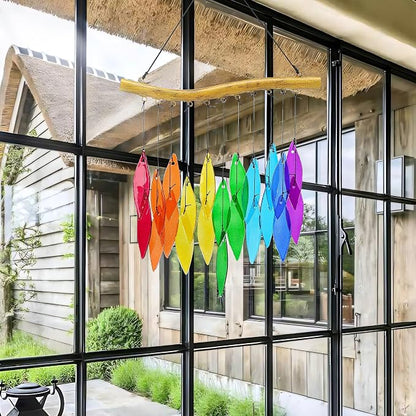 Solar Wind Chimes Outdoor with Glass and Copper (Glass Leaf 1) | Solar Powered, Garden Decor, Patio Decor, Glass and Copper, Outdoor Use