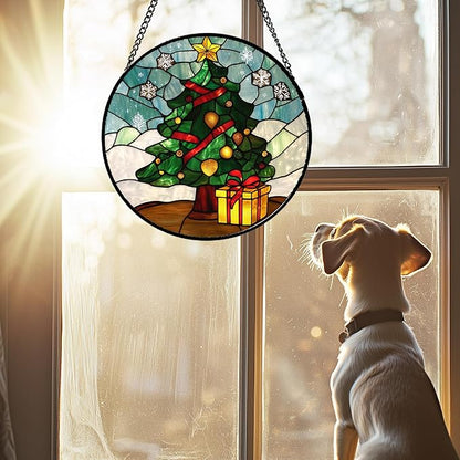 DASTOLL Stained Glass Window Hanging Green Christmas Tree Snowflake 9.8" - Suncatcher Door Garden Sun Catcher Xmas Holiday Decor Birthday for Mom Men Woman Friend Nana
