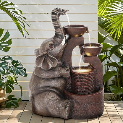 20" Elephant Outdoor Fountain LED 3-Tier Waterfall, Bronze | 3-bowl cascading water, garden patio backyard porch