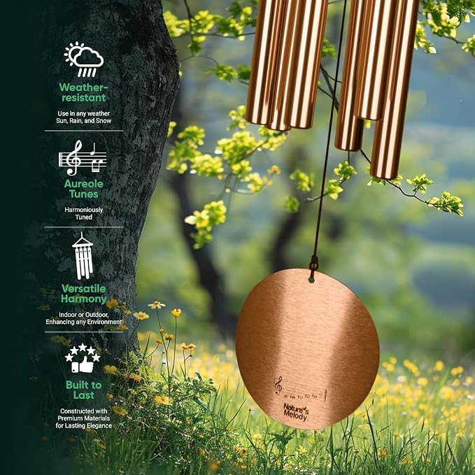 Nature’s Melody Aureole Tunes Wind Chimes – Outdoor Windchime with 6 Tubes, 100% Rustproof Aluminum, Powder Finish & S Hook Hanger for Sympathy, Memorial Gift or Zen Garden (Bronze, 42")