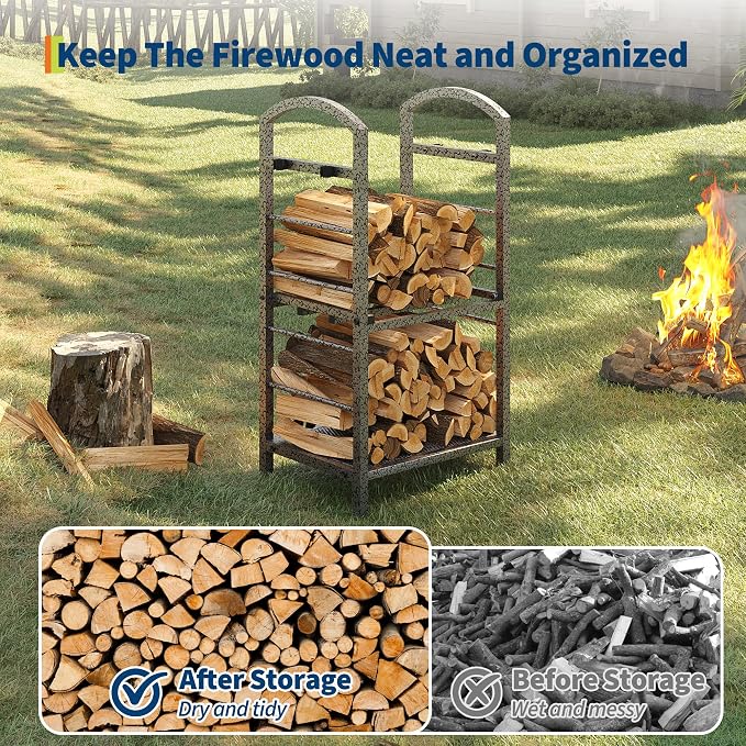 GarveeLife 30 Inch Firewood Rack Outdoor Indoor, High Outdoor Wood Racks for Firewood, Fire Wood Storage with Kindling Hooks, Large Metal Fireplace Log Rack Storage Carrier Organizer, Sliver