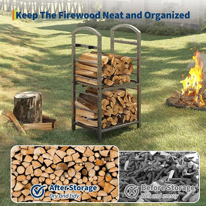 GarveeLife 30 Inch Firewood Rack Outdoor Indoor, High Outdoor Wood Racks for Firewood, Fire Wood Storage with Kindling Hooks, Large Metal Fireplace Log Rack Storage Carrier Organizer, Sliver