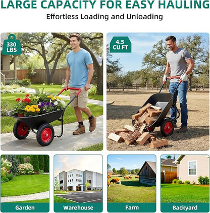 Autodaya Dual-Wheel Garden Cart, 14" Pneumatic Tires & Built-in Stand, 4.5 Cu Ft Utility Yard Wheelbarrow for Gardening, Soil, Construction, Easy Assembly,Red