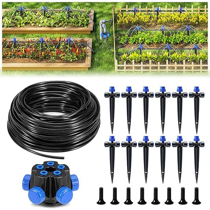 HIRALIY 50FT Garden Drip Irrigation Kit, Automatic Watering System with 5-Way Connector, Quick Connectors, Adjustable Drippers, Raised Bed, Patio