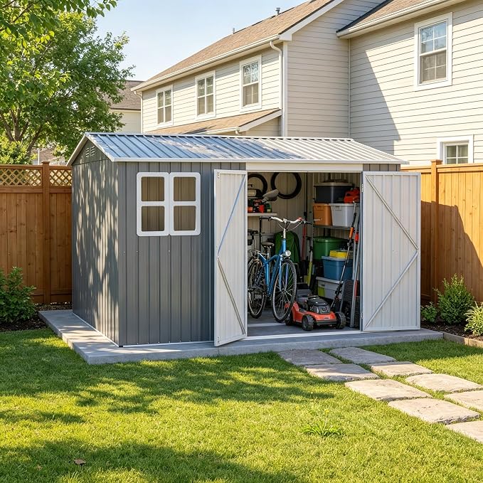 PVWIIK 12x10 FT Metal Outdoor Storage Shed with Floor Frame, Heavy Duty Waterproof Steel Garden Tool Shed with Lockable Doors, Utility Storage Building for Backyard Patio Lawn Garden, Grey
