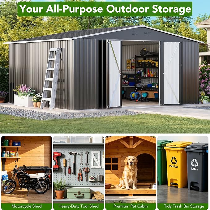 MXV 14 x 12FT Outdoor Storage Shed, Metal Garden Shed with Windows, Double Lockable Doors & Sloped Roof, Waterproof Tool Sheds for Backyard Garden Patio Lawn, Black