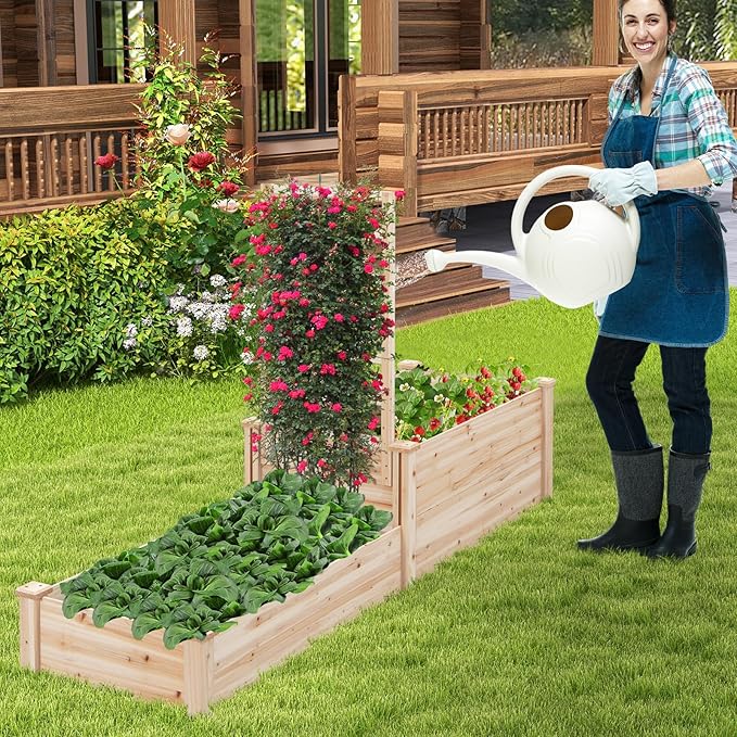 HAPPYGRILL Raised Garden Bed with Trellis, Wood Garden Box w/Open Base Design & 2 Compartments, Outdoor Wooden Planter Box Kit for Vine Climbing, Fruits, Vegetables, Flowers, Herbs, 88" x 25" x 53"