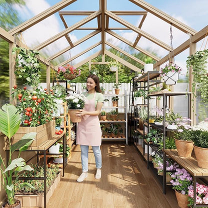 Garvee 6x10 FT Wooden Greenhouse - Walk-in Greenhouses for Outdoors, Large Spruce Frame Green House with PC Panels, Adjustable Roof Vents & Lockable Door, Green Houses for Garden,Backyard,Patio,Lawn