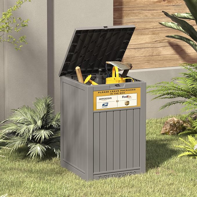 LHBGO Package Delivery Box for Outside, with Delivery Sign 48 Gallon Storage with Lockable Secure, Large Resin Outdoor Package Drop Container