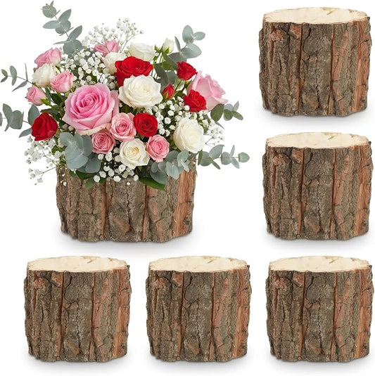 Wooden Vase for Centerpieces, 6 Pack Wood Flower Vase Rustic Tree Stump Planter Pots, Wooden Bark Flower Bucket for Wedding Farmhouse Christmas Table Decor, Round Bark Stump Pots - 3.6x3.6x3 inch