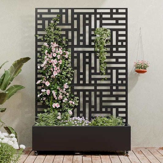 Casaphoria Metal Raised Garden Bed with Trellis and Wheels, 72"x47"x16" Planter Box for Climbing Plants, Vegetables & Vines, Features Drainage Holes and Privacy Screen (Black-Helen)