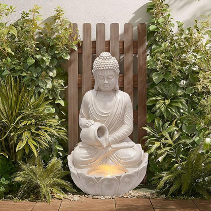 G-LEAF Zen Style Meditating Buddha Statue Water Fountain Outdoor 31'' Tall Patio Garden Water Fountain with LED Light and Submersible Pump Yard Art Decor