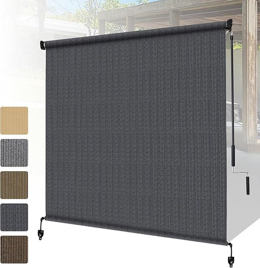 Shade&Beyond Outdoor Roller Shades with Splicing Design, 8' W x 6' H Cordless Patio Roll Up Blinds, Exterior Shade Cloth Roll for Porch, Gazebo, Pergola, Balcony, Blue Gray