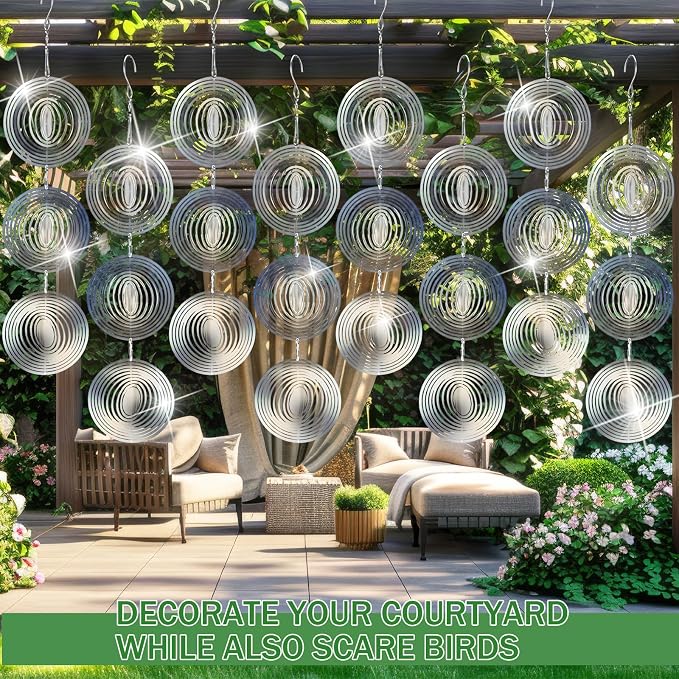 24 pcs Stainless Steel Bird Deterrents for Outside 3D Wind Spinners Outdoor Decor Reflective Bird Scare Discs Devices Deterrents Shiny Metal Reflectors Decor to Keep Woodpeckers Away (Round)