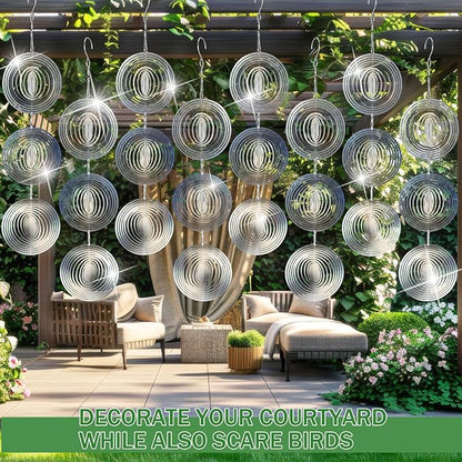 24 pcs Stainless Steel Bird Deterrents for Outside 3D Wind Spinners Outdoor Decor Reflective Bird Scare Discs Devices Deterrents Shiny Metal Reflectors Decor to Keep Woodpeckers Away (Round)