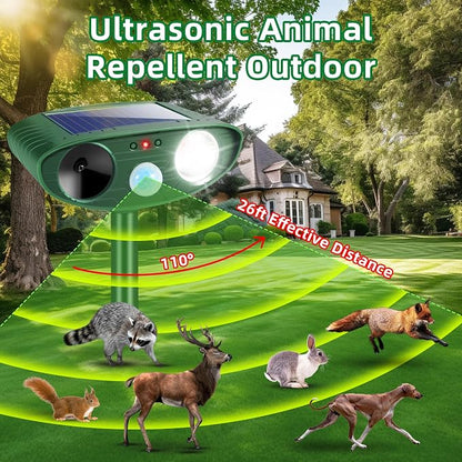 2 Pack New Solar Deer Repellent Devices Ultrasonic Animal Repellent Outdoor for Rabbit,Raccoon,Squirrel,Skunk,Fox,Cat,Motion Sensor&Strobe Light,Waterpfoof Sonic Fortress Pro Deterrent for Garden Yard