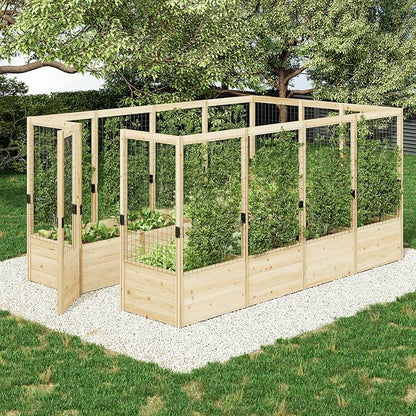 AMERLIFE Outdoor Raised Garden Bed with Deer Proof Fence, Wooden Raised Garden Bed with 19" Depth Planter Box, 7.5Wx12Dx6H Planter with Fence