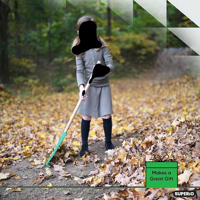 Superio Kids Rake with Hardwood Handle, Gardening and Lawn Care Tools for Kids, Sweep Leaves and Tidying Up The Garden, Plastic Tines and Heavy Duty Wooden Handle 34"