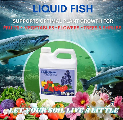 Drammatic® Organic™ Original Fertilizer 2-4-1, Hydrolyzed Liquid Fish Fertilizer for Vegetables, Flowers, and Fruits, 1 Quart (32 Ounces), OMRI Listed