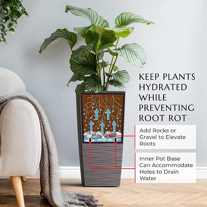 Mueller M-Resin Heavy Duty Tall Planters for Outdoor Plants, Indoor Grande Plant Pots, Boxes, Trees, Flower Pots, 2-Piece Set, 18”, Modern Design, Built-in Drainage, Front Porch Decor, Mocha