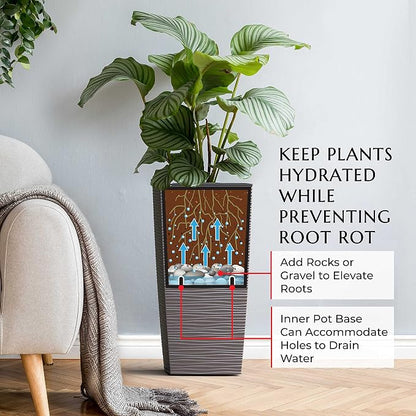 Mueller M-Resin Heavy Duty Tall Planters for Outdoor Plants, Indoor Grande Plant Pots, Boxes, Trees, Flower Pots, 2-Piece Set, 18”, Modern Design, Built-in Drainage, Front Porch Decor, Mocha