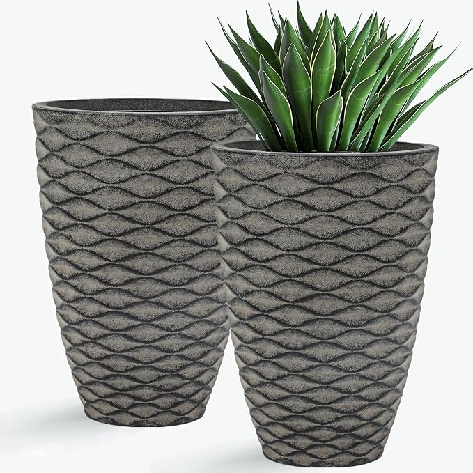Autodaya 20" Tall Wave-Textured Resin Planters Set of 2 with Drainage Holes | High-Density Weather-Resistant Resin Pots for Indoor and Outdoor Plants, Patio, Garden, Porch, Living Room, Ideal for Gifting