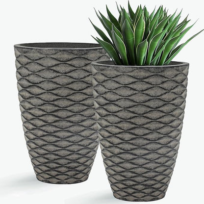 Autodaya 20" Tall Wave-Textured Resin Planters Set of 2 with Drainage Holes | High-Density Weather-Resistant Resin Pots for Indoor and Outdoor Plants, Patio, Garden, Porch, Living Room, Ideal for Gifting