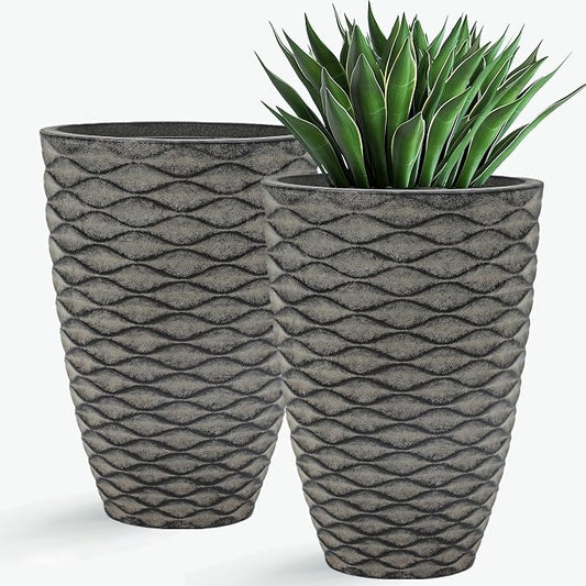Autodaya 20" Tall Wave-Textured Resin Planters Set of 2 with Drainage Holes | High-Density Weather-Resistant Resin Pots for Indoor and Outdoor Plants, Patio, Garden, Porch, Living Room, Ideal for Gifting