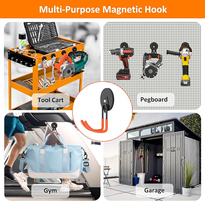 ENUODA Magnetic Hooks Heavy Duty Magnet with Hooks, Large Magnetic Tool Holder for Garage Organization Tool Chest, Shed, Container, Ladder, Broom, Shovel, Hose, Extension Cord, 2PCS