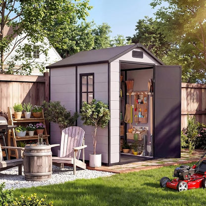 Garvee Outdoor Storage Shed with Floor, Plastic Resin Garden Shed with Window & Sloping Roof & Lockable Door for Patio Backyard Garden, Lawn Mower, Bike, Tool Storage (Grayish White + Black, 4' x 6')