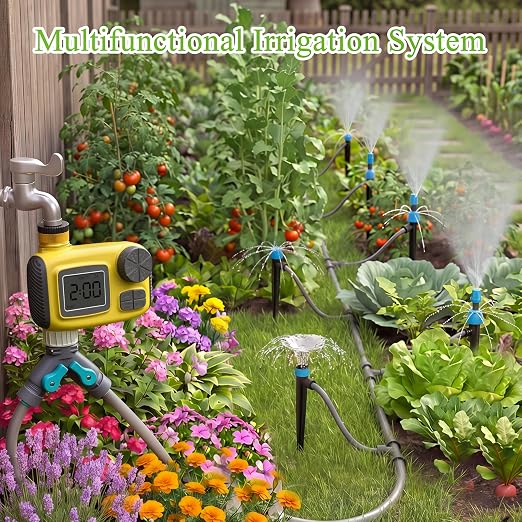 100FT Drip Irrigation System Kit with Smart Water Timer for Garden, 1/2" High-Flow Mainline Automatic Watering System, 16pcs Adjustable Nozzles & Sprays,Fast-Plug Kit for Yard,Lawn Agricultural