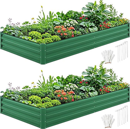 DWVO 2pcs 8 x 4 x 1 FT Raised Garden Bed Kit, Outdoor Galvanized Flower Bed with Safety Rubber and Gloves, Large Metal Planter Box for Vegetables, Flowers, Herbs, Fruits, Green