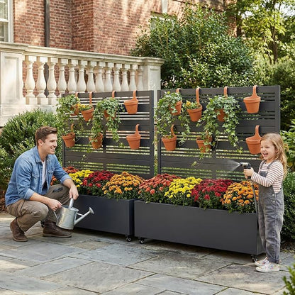 Casaphoria Metal Raised Garden Bed with Trellis and Wheels, 47"x47"x16" Planter Box for Climbing Plants, Vegetables & Vines, Features Drainage Holes and Privacy Screen (Black-Harold)