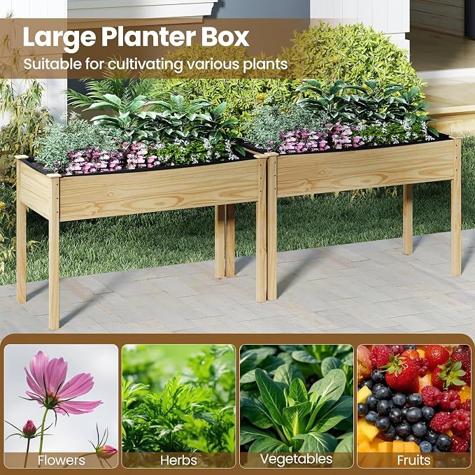 S AFSTAR 2 Pieces Wooden Raised Garden Bed with Legs, Planter Box with Liner & Drainage Holes for Vegetable Flower Herb, Indoor Outdoor Elevated Gardening Box for Backyard Patio Balcony