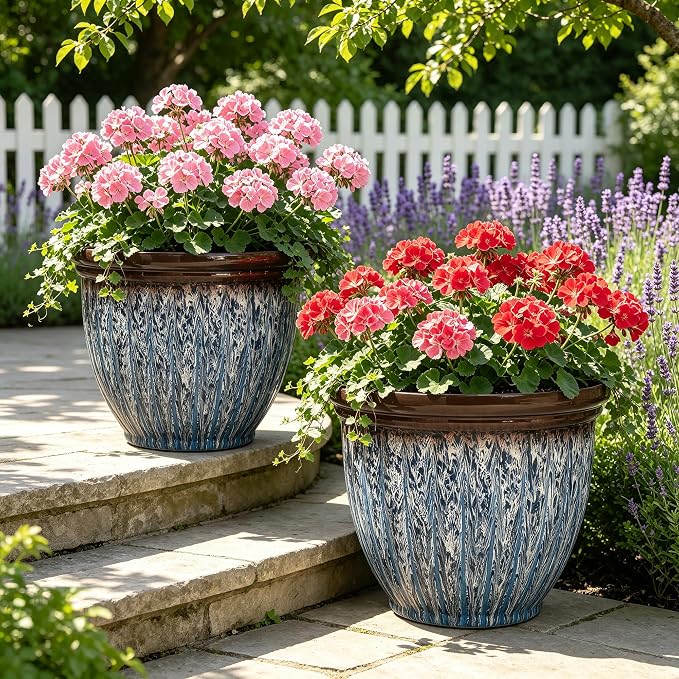 15" Large Flower Pots, 2-Pack Big Plastic Planters for Outdoor Plants | Plant Pot with 3D Textures, Artistic Floating Blue Brown Glaze, Weather-Resistant for Porch, Garden, Patio Yard or Indoor Use