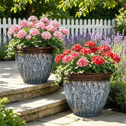 15" Large Flower Pots, 2-Pack Big Plastic Planters for Outdoor Plants | Plant Pot with 3D Textures, Artistic Floating Blue Brown Glaze, Weather-Resistant for Porch, Garden, Patio Yard or Indoor Use