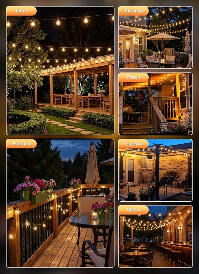 100Ft Outdoor String Lights with Remote, Dimmable G40 LED Bulbs, Waterproof | Shatterproof Connectable Hanging Patio Lights for Porch, Backyard, Bistro, Deck, Balcony, Home, Garden Decor